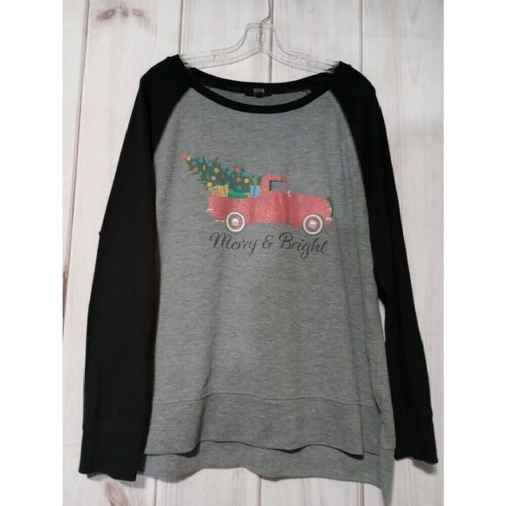 Holiday Christmas Truck Graphic Top Raglan Long Sleeve Gray Black